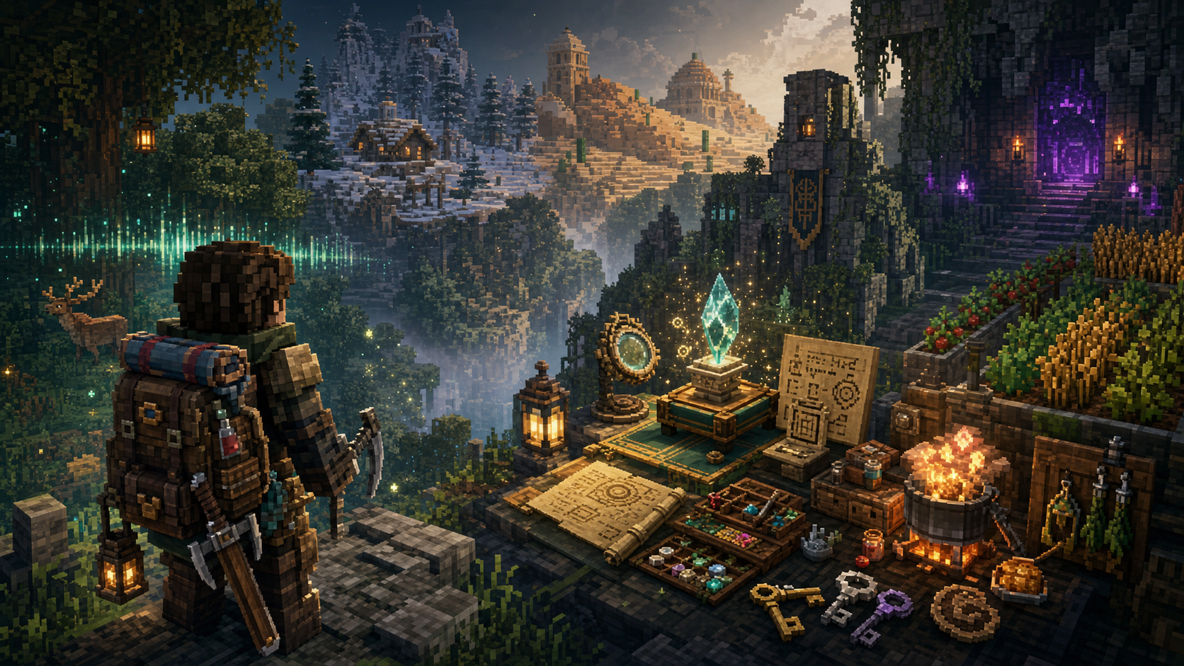 ภาพ voxel fantasy ของระบบ Mythmere เช่น กระเป๋าอุปกรณ์ ดันเจี้ยน โต๊ะ artifact ฟาร์ม และหม้อทำอาหาร
