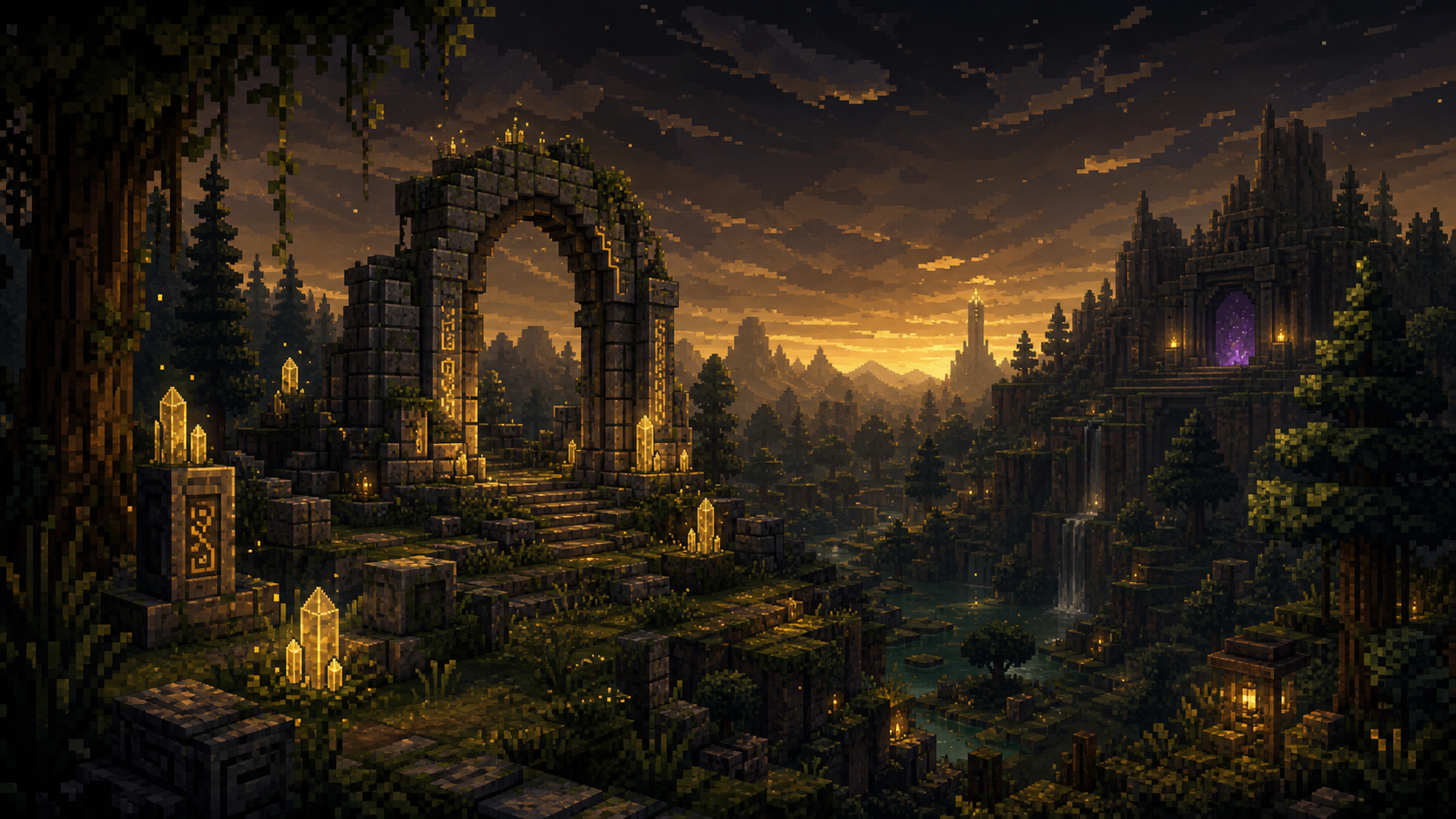 ภูมิทัศน์ pixel fantasy ของ Mythmere กับซากอารยธรรม แสง relic และประตูดันเจี้ยน
